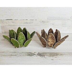 Vintage Bead & Metal Green & Golden Lotus Flower Votive Candle Holder Set Of 2